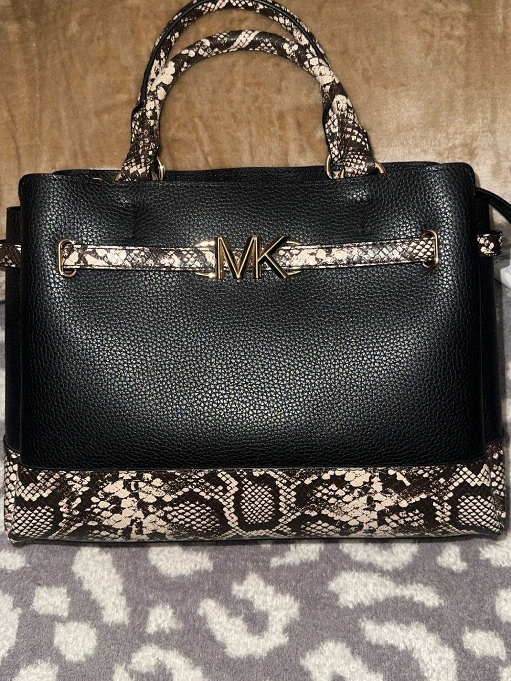Michael Kors Black Satchel with Snake-Print Trim